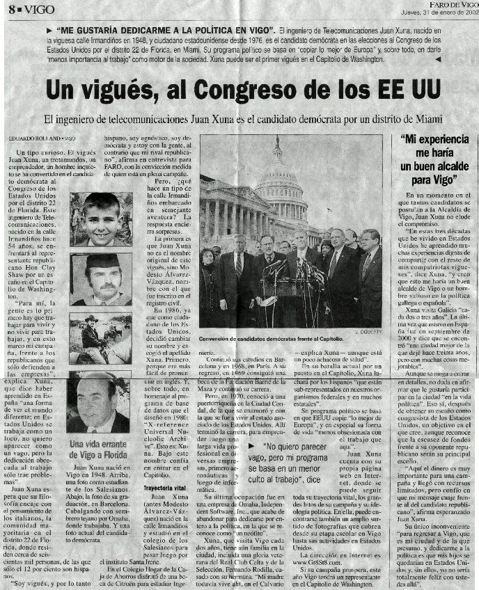 Newspaper page from Faro de Vigo with the headline Un vigués, al Congreso de los EE UU